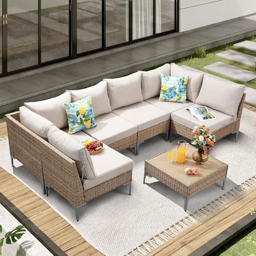 JOYURE 7 Piece Wicker Patio Furniture Set,Outdoor...