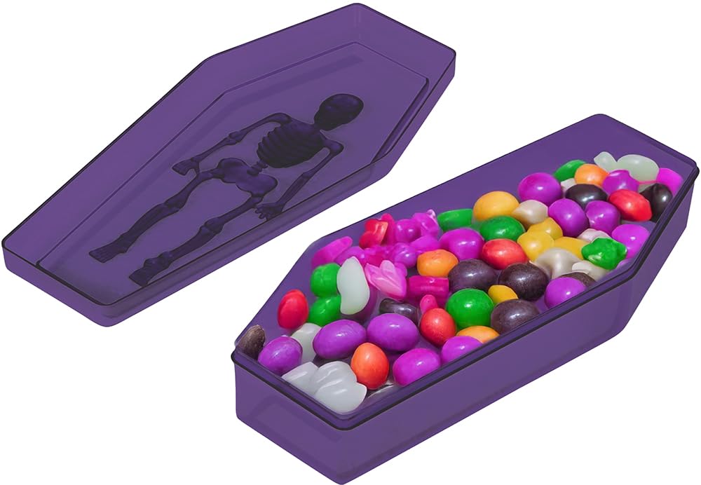 FIESTAS GUIRCA | Lilac PVC Coffin Box (7.5x3.5 in) - Halloween Decoration for Spooky Parties and Celebrations - Ideal for Terrifying Props and Creepy Settings - Purple