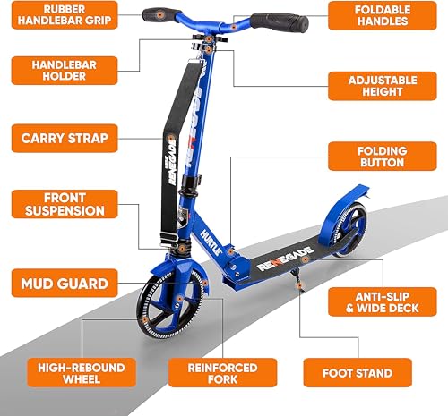 Image of Hurtle Renegade Kick Scooter for Kids, Teenagers & Adults - 2-Wheel Folding Scooter with Adjustable T-Bar Handlebar - Alloy Anti-Slip Deck