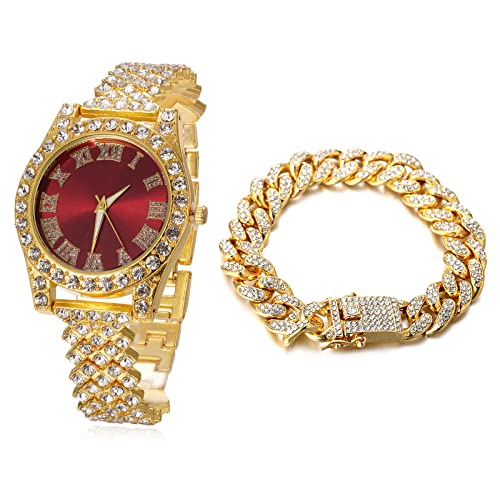 Image of Halukakah Diamonds Gold Watch Iced Out, Kid's 18K Real Gold /Platinum White Gold Plated 36MM Width Green /Blue /Red Dial Quartz Wristband 8 inch with Cuban Link Chain 7 inch+16 inch Bracelet, Free Giftbox