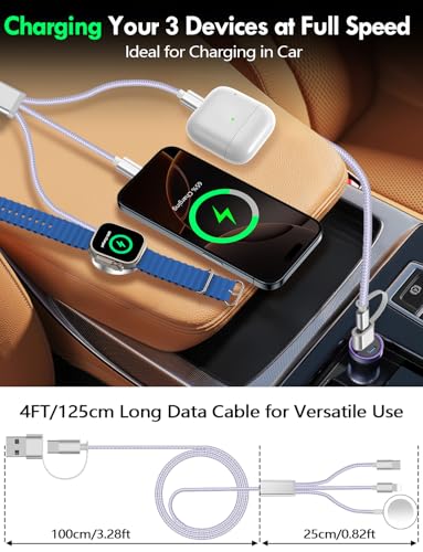 Image of Travel Essentials for Apple Watch Charger,iPhone Charger,3 in 2 Type C /Lightning /Magnetic Travel Charging Cable,Portable Multi Charging Cable for Apple Watch, iPhone 17‑11,Samsung S26,Car,iPad-4FT