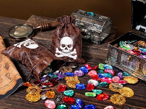 Richness Pirate Bags with Drawstring 4.5 x 6.5 Inches Faux Cow Skin Pirate Goodie Bags for Pirate Party Favors Pack of 12