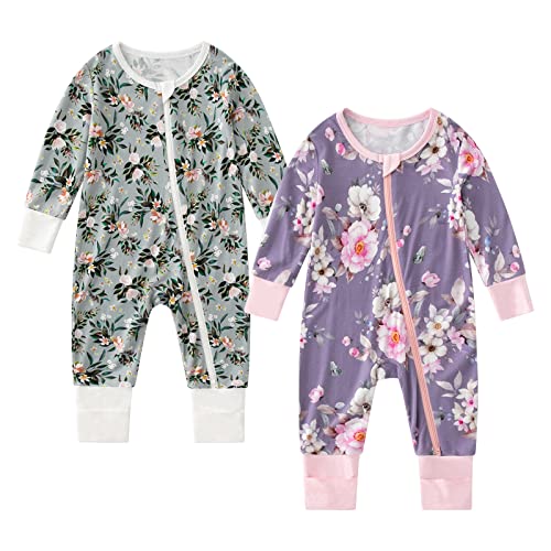 Image of OPAWO Viscose from Bamboo Baby Pajamas Girl 2pack Mittens Cuff 2 Way Zipper Soft Footless Sleeper Baby Boy One-Piece Romper
