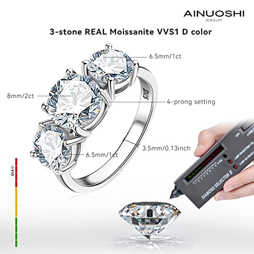 AINUOSHI 2-4CT Moissanite Engagement Ring, 3-stone Wedding Band for Women 925 Sterling Silver Round Cut lab Created Diamond Anniversary Promise Rings for Her Christmas Gift, Jewelry Box Packed With Certificate3