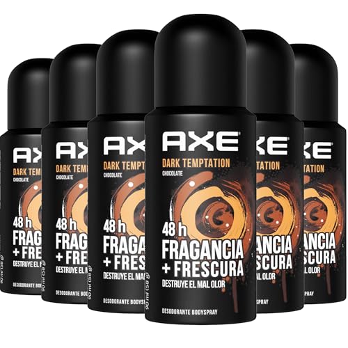 Axe Dark Temptation Travel Deodorant Spray for Men, 6 Pack, TSA Approved, Aluminum Free, 48 Hour Long Lasting Odor Protection, Dark Chocolate Scent, Antiperspirant Deodorant Body Spray, 3 oz Each