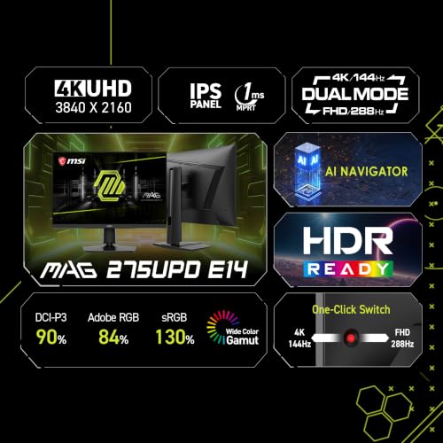 Image of MSI MAG 275UPD E14 27-Inch, 4K UHD Gaming Monitor, 3840 x 2160 IPS, 288Hz, 1ms, HDR Ready, AMD FreeSync Premium Eye Care, Dual-Mode, HDMI 2.1, DP 1.4a, Frame-Less, Tilt /Height Adjustable, Black