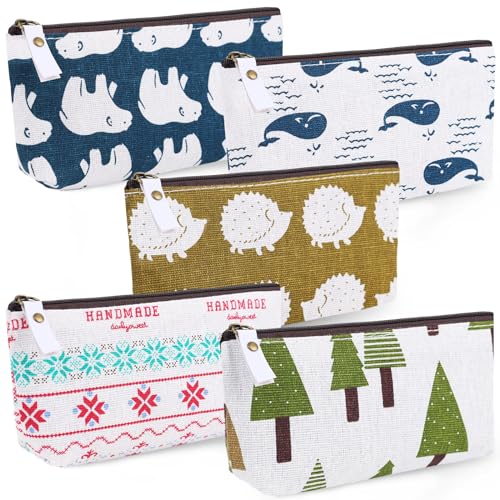 Koogel 5PCS Canvas Zipper Pencil Bags, 5 Styles Pencil Case Pouch Bag Multifunctional Canvas Pouch Small Cosmetic Makeup Bags Travel Women Gifts