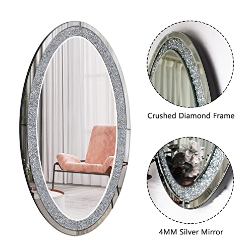 Shyfoy Oval Mirrors For Wall Crystal Crushed Diamond Living Room Decor, Sparkly Decorative Wall Mirror, Large 36" L X 23" W Modern Glass Accent Haning Mirror Espejos Decorativos De Pared #TOP5