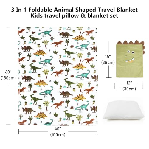 Image of Kids Travel Pillow and Blanket Set - 40 inchx60 inch Dinosaur Blanket | Cute Dinosaur Plush Pillows with Hand Warmer,Kids Blanket for Boys,Perfect for Birthday Christmas and Travel Essential