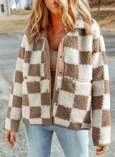 SHEWIN Jackets For Women Causal Sherpa Fall Jacket Loose Button Down Plaid Winter Coats2