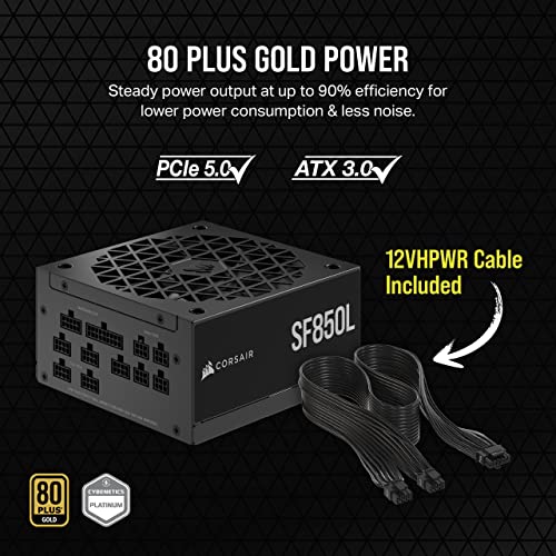 Image of Corsair SF850L Fully Modular Low-Noise SFX Power Supply - ATX 3.1 & PCIe 5.1 Compliant - Quiet 120mm PWM Fan - 80 Plus Gold Efficiency - Zero RPM Mode - 105C-Rated Capacitors - Black