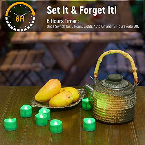 Image of PChero 12pcs Green LED Tea Lights with Timer, Flickering Flameless Tealights Battery Operated Long Lasting Fake Candles for Wedding, Party, Christmas, Halloween and Festival Celebration