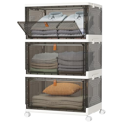HOMIDEC Wardrobe Storage Organiser 3 Tier Stackable Clothes Storage Boxes with Wheels Folding Drawers for Clothes Cupboard Organiser for Bedroom Wardrobe Bathroom Kitchen Grey 33L*3 Pack