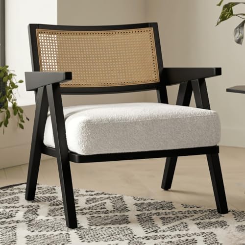 Image of Kingsman Furnitures ABEL Rattan Teak Wood Accent Arm Chair for Home Bedroom, Living, Dining, Drawing Room | Ultra Soft and Comfortable for Stress Free | Removable Cushion (Natural Cane- Boucle)