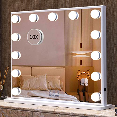 BEAUTME Espejo de tocador con luces, espejo grande iluminado con espejo de aumento, espejo de mesa/espejo montado en la pared con iluminación de belleza de 3 colores (blanco/20.4 x 16.2 pulgadas) Cover