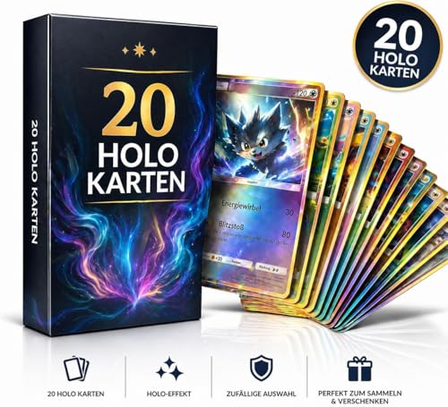 20 tarjetas holo para Pokemon – Juego de cartas coleccionables en alemán – 20 tarjetas holográficas diferentes, incluye caja de regalo – Compatible con cartas Pokemon