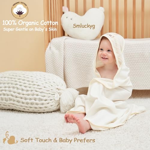 Image of 6-Pack Organic Cotton Baby Bath Set - Ultra Soft Embroidered Hooded Towel and 5 Washcloths, Premium Gentle Newborn, Toddlers Gift for Sensitive Skin, Stripes, 30 x 30 Inch