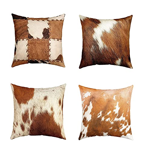 Pack Of 4 Cowhide Pillow Covers 18X18 Christmas Cowhide Print Throw Pillow Covers Brown Farmhouse Animal Cushion Covers Cowboy Western Cow Print Decorative Square Pillow Cases For Sofa Couch Bed #TOP11