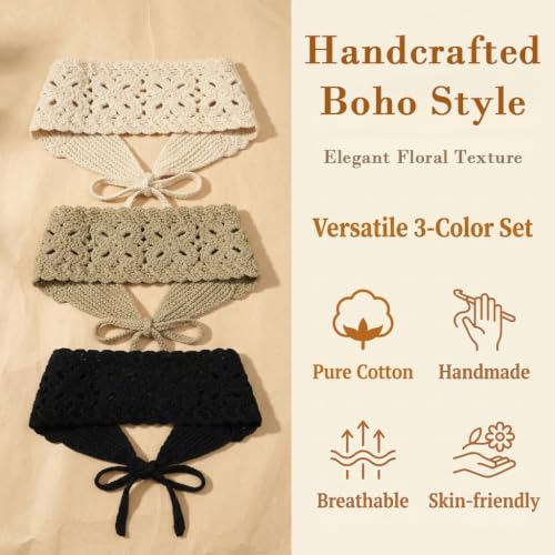 Image of MAYCREATE 3 Pack Crochet Headbands for Women Pretty Boho Knit Floral Hair Wrap with Adjustable Tie Up Design for Daily Wear Traveling and Parties Use