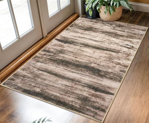 KOZYFLY Area Rug 3x5 Modern Ombre Living Room Rug, Washable Rugs for Bedroom Non-Slip Soft Stain Resistant Striped, Print Distressed Blush Brown Abstract Carpet for Living/Laundry/Kid Room
