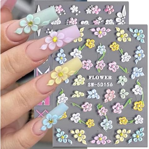 5D Embossed Flower Nail Stickers for Nail Art Supplies 5D Acrylic Carved Flower Nail Decals Cute Petals Nail Art Stickers Floral Nail Sticker Nails Stickers Colorful Flower Stickers for Nails Design Cover