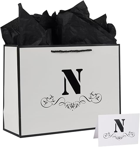 Miniatura 1 de Bolsa de regalo con letras con papel de envoltura para hombres, mujeres, niños y niñas, bolsa de papel grande de 12 pulgadas de color blanco y negro