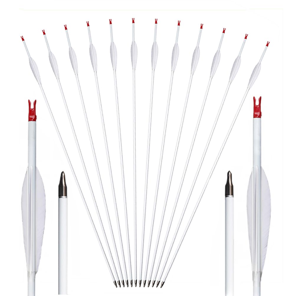 12 pz Tiro con Arco Flechas de Caza Spine 500 600 700 800 Flecha de Carbono-Puro 4" Pluma Natural Blanca para Arco Compuesto/Recurvo Práctica de Tiro y Caza