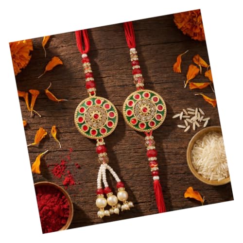 Image of TIED RIBBONS Rakhi for Brother and Bhabhi - Premium Couple Rakhi's Set of 2 with Roli Chawal Tikka - Hanging Lumba Rakhi for Bhaiya Bhabhi - for Rakshabandhan