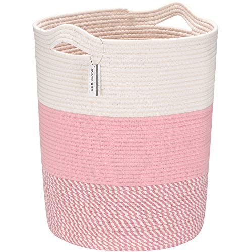 Image of Sea Team Large Size Cotton Rope Woven Storage Basket with Handles, Laundry Hamper, Fabric Bucket, Drum, Clothes Toys Organizer for Kid's Room, 20 x 14 inches, Round Open Design, White & Mottled Pink