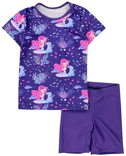 Aquarti Baby Mädchen Zweiteiler Kinder Badeanzug Bade-Set Bade T-Shirt Badehose UV-Schutz, Farbe: Meerjungfrau Rosa Hellblau Dunkelblau, Größe: 80
