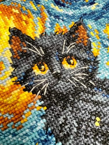 Image of RIOLIS - Starry Cat 2288, Cross Stitch Kits 6 inchx7 inch, Cat Cross Stitch Kits for Beginners & Advanced, Crossstitching Kit Adult, Animals Embroidery Counted Stitching Kit
