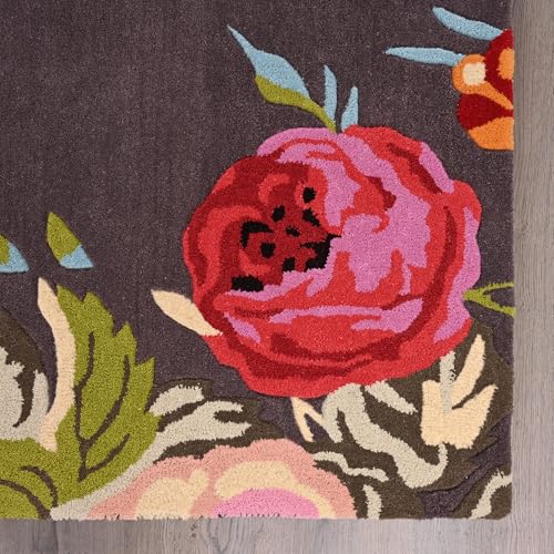 Image of Modern Rose Floral Wool Area Rug | Handmade Area Rug with Garden Colorful Flowers for Living Room Dining Room and Kitchen (Brown, 8' x 10')