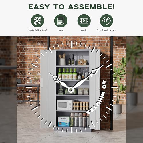 Image of Greenvelly Metal Storage Cabinet, 72 inch Locking Metal Garage Storage Cabinet with Doors and 4 Adjustable Shelves, Lockable Steel Cabinet for Home Office, Garage, Shop, School (White Grey 32 inch W x 16 inch D)