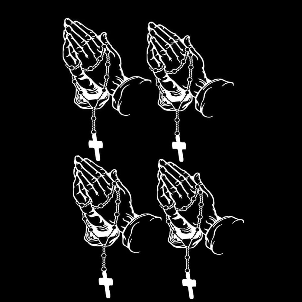 4 Pcs/Set White Hands Praying Pearl Jesus Car Sticker, Personalized Rosary Car Sticker, Waterproof Christ Decal Stickers for Laptop Motorcycle Door
