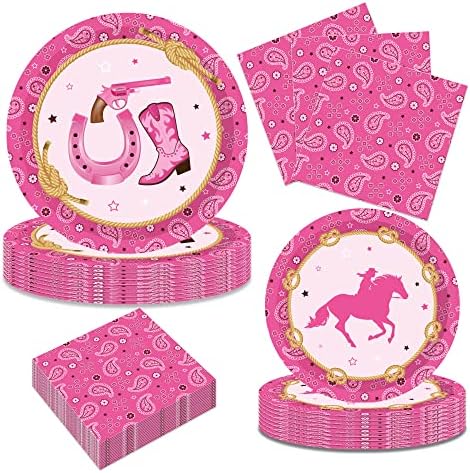 88 PCS Cowboy Birthday Party Supplies-Serves 24 Girl Western Cowboy Themed Party Decorative Includes 7” Dessert Plates,9” Dinner Plates,Napkins Cowboy Birthday Party Decorations