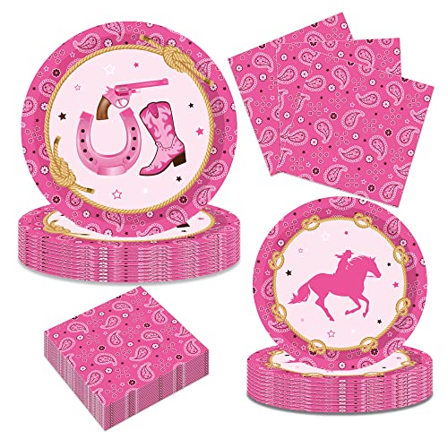 88 Pcs Cowboy Birthday Party Supplies-Serves 24 Girl Western Cowboy Themed Party Decorative Includes 7” Dessert Plates,9” Dinner Plates,Napkins Cowboy Birthday Party Decorations #TOP2