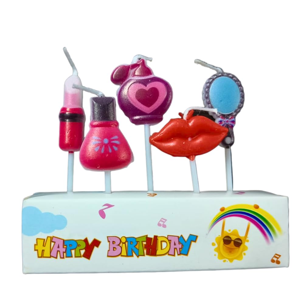 FI - FLICK IN 5 Pc Makeup Theme Candle for Girls Birthday Bride to Be Lipstick Perfume Make Up Candles for Cake Decoration (Pack of 5, Multicolor)-picture-33