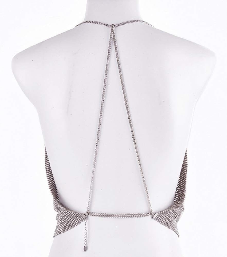 Gold Sexy Tops for Women Sparkly Deep V Neck Crop Tank Tops Cami Body Chain Top