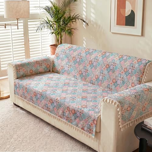 Image of Story@Home Sofa Cover with Tassel for 2 Seater Sofa | Full Protection for Seat Back & Arms | Quilted Velvet Anti Slip Sofa Mat for 2 Seater with 2 Armrest Covers (152x122 Cm) - Multi Color