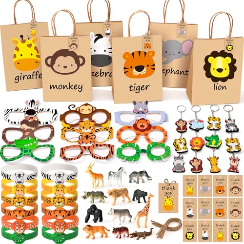Toyssa Artículos de Fiesta Jungla Animales, Relleno Piñata Cumpleaños Infantil con Pack Regalos Cumpleaños Pulsera Silicona Llavero Gafas Fiesta, Safari Regalos Detalles para Niños Niñas