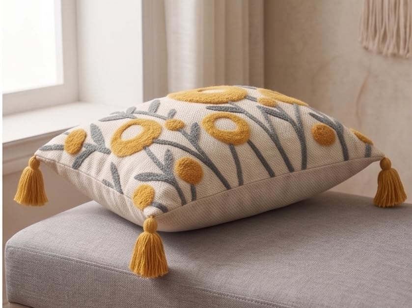 Image of Furnistitchs Boho Rectangle Cushion Cover 12x20 inches | Handmade Decorative Throw Pillow Case | Bohemian Home Decor Sofa Bed Cushion Cover Living Room Bedroom (1, Yellow Oval, 12x20 inches)
