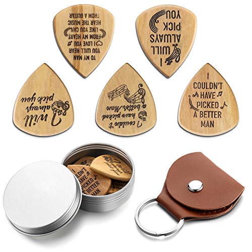 5 Pieces Wood Guitar Picks Wooden Guitar Plectrums with 1 Guitar Picks Box and 1 Guitar Pick Holder Case for Bass, Electric and Acoustic Guitars