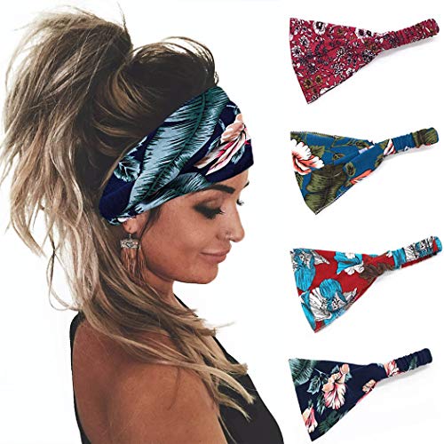 Unicra Boho Cross Leopard Headband Elastic Turban Hair Band Yoga Head Wraps for Women and Girls (Fashion-4 Pack)