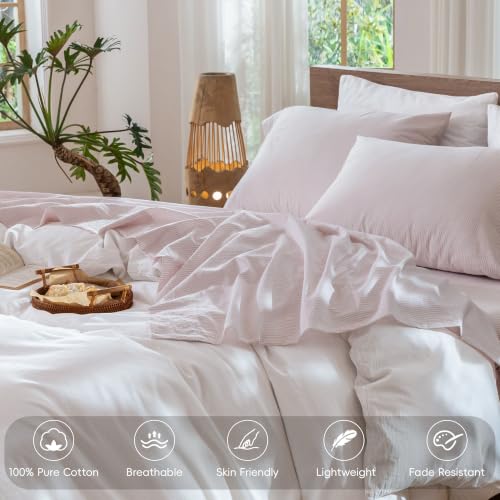 Image of MooMee Striped Sheet Set 100% Washed Cotton Linen Like Queen | Relaxed Linen-like Texture. Soft, Breathable & Lightweight Comfort. 15-19 inch Extra Deep Pocket with All-around Elastic
