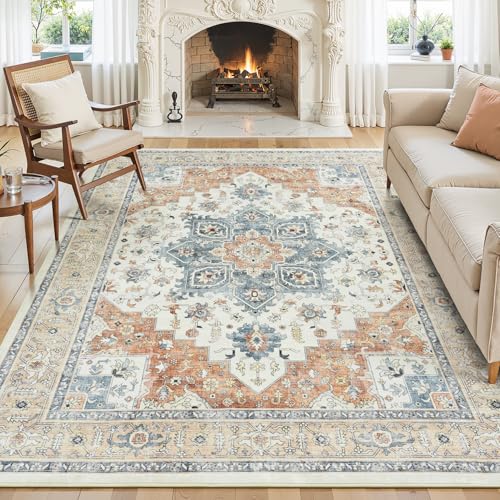 Vibrug 5x7 Bedroom Rug - Boho Aesthetic Floral Beige and Orange, Washable Low Pile Non-Slip Carpet,...
