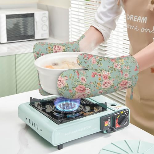 Dycbness DYCBNESS-11.9-4 Pink Flower Oven Mitts Pot Holders Set Silicone Vintage Spring Romantic Bloom Floral And Leaf Green Kitchen Oven Mitts Heat Resistant Potholders Non-Slip 4Pcs Hot Pads And Oven Gloves Sets thumb #5