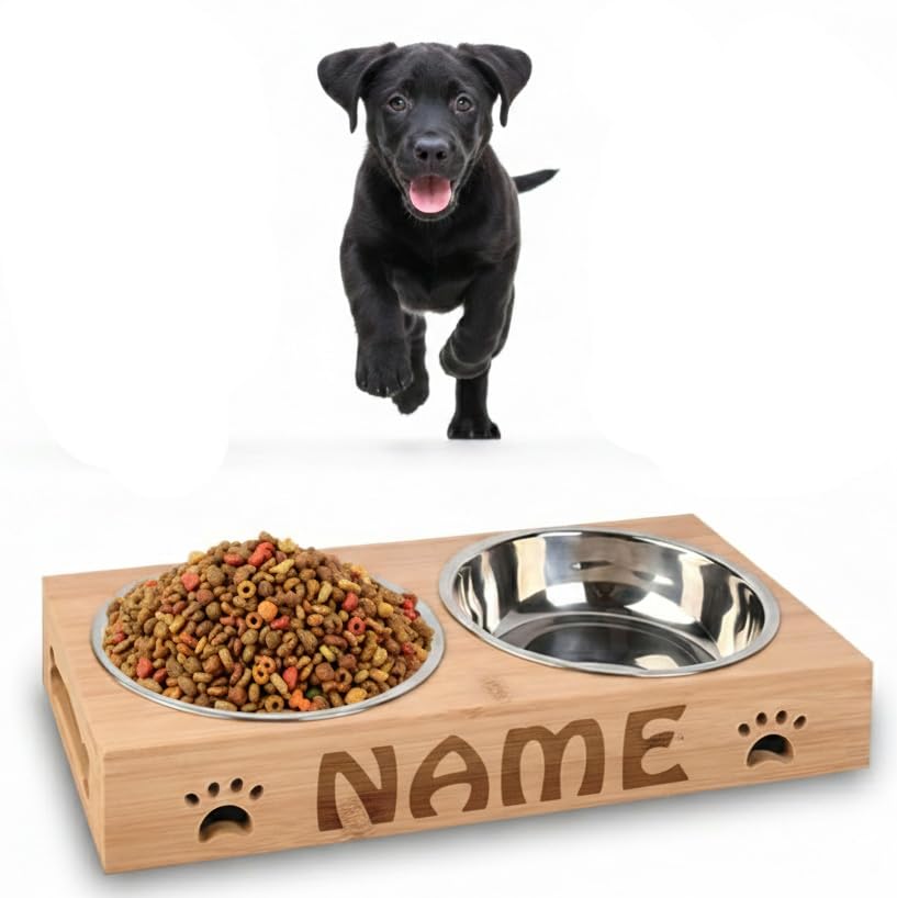Personalised Dog Bowls - Large Engraved Feeding Station - Bamboo Double Stainless Steel - Suitable for Large, Medium, Small Dogs