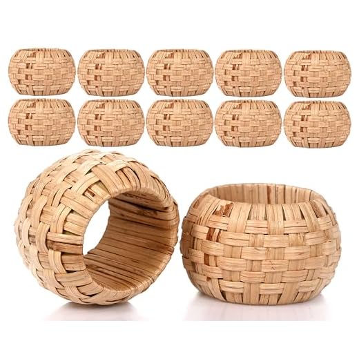 ALPHA Living HOME Farmhouse Napkin Rings - Rustic Natural Cane & Jute Serviette Holders for Elegant Table Decor, Weddings, Thanksgiving, and Everyday Dining- Set of 12 (Natural)