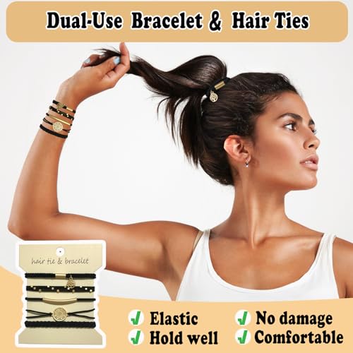 Hair Tie Bracelets for Women, Set of 5 Stylish Dual-Use Bracelet Hair Ties Boho Ponytail Holders No Damage for Thick & Thin Hair, Black3