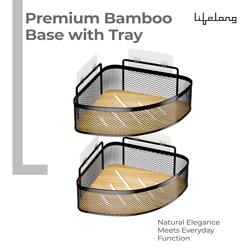 Image of Lifelong Bathroom Corner Shelf for Storage | Pack of 2 | Mesh Wire Basket with Bamboo Tray | Dual Installation - Adhesive Sticker & Screws | Strong and Durable, Easy Install (Black, LLHIBCB01)